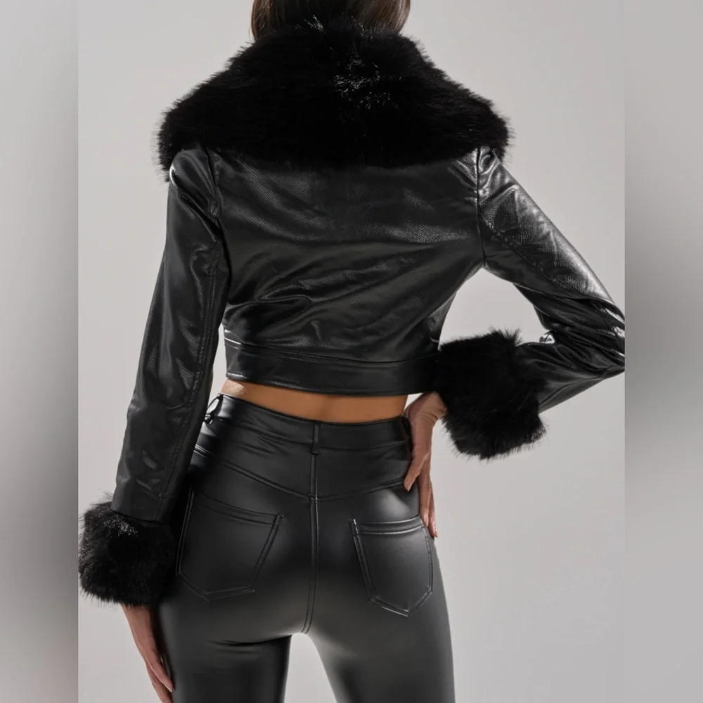 AKIRA Black Leather Jacket with Faux Fur Trim - Picture 3 of 4